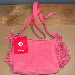 MINNETONKA pink leather fringed side crossbody bag with adjustable straps unisex